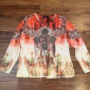Vintage Y2K Orange White Tie Dye Long Sleeve Tshirt Beaded‎ XL Boho Fairycore